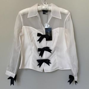 Julian White Sheer Sleeve Blouse with Black Bows